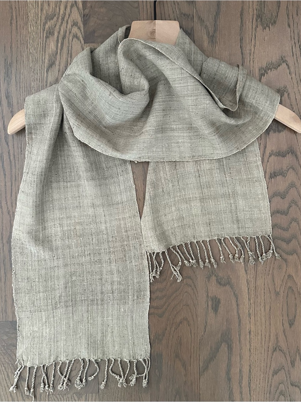 Vintage Handwoven Oblong Textured Linen Scarf Fringed Ends in Beige Brown 74"l